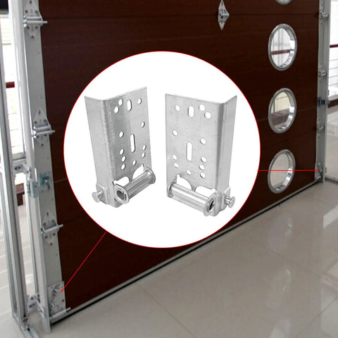 Two Pack Garage Door Bottom Lifting Brackets With 7/16 Inch Stem For Residential Use, Built Tough 13 Gauge Galvanized Steel Bottom Roller Brackets, Left And Right Set, Fasteners Not Included shown in use on a garage door.