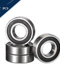 Front view of four HiPicco 6001-2RS deep groove ball bearings; 12x28x8 mm, double rubber sealed, chrome steel.