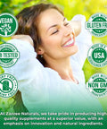 Happy woman enjoying outdoors surrounded by product features; Mega Potent D Mannose 1000 Mg Per Serving, non GMO, vegan, USA made.