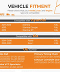 Compatibility chart for All In One Engine Timing Chain Kit With Intake And Exhaust VVT Gear Sprocket for Hyundai and Kia models.