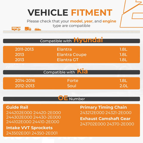 Compatibility chart for All In One Engine Timing Chain Kit With Intake And Exhaust VVT Gear Sprocket for Hyundai and Kia models.