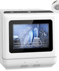 Game Changing Portable Countertop Dishwasher Featuring A Built In Water Tank And Five Wash Cycles To Run inside view with dishes and utensils.