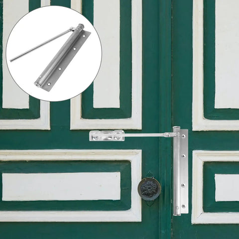 Automatic Stainless Steel Door Closer for Home and Office installed on a green door, smooth soft close, durable silver finish