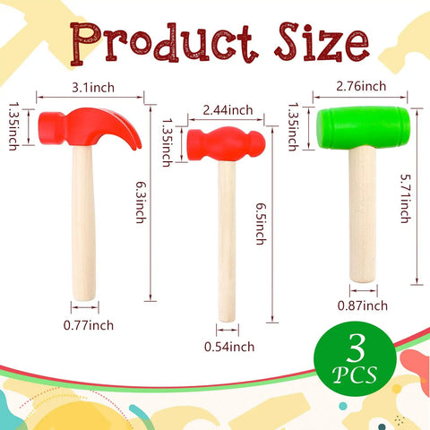 Three Piece Toy Hammer Set, Red Claw Hammer, Green Big Hammer, Red Small Hammer for Pretend Play, Kid Friendly Plastic Maintenance Tools for Kids Birthday Party Supplies and DIY Playtime Fun, size chart