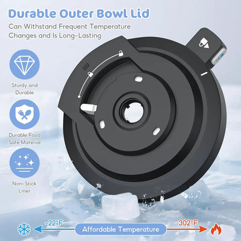 Black Replacement Outer Bowl Lid For NC700 Series Ice Cream Makers, showing durability and non-stick liner on ice backdrop