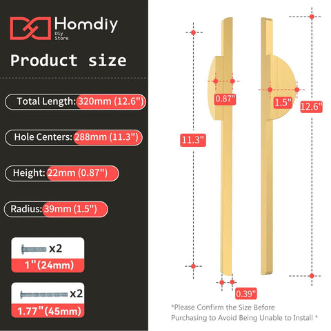 Two Pack Half Moon Cabinet Pulls Brushed Gold Semicircle Drawer Handles dimensions and hardware details with 11.3 inch centers