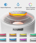 Top view of an air purifier with color-changing mood lighting, labeled brightness, on/off, and mood settings.