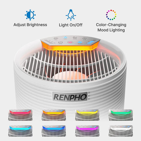 Top view of an air purifier with color-changing mood lighting, labeled brightness, on/off, and mood settings.