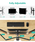Kick Up Your Desk Game With This Stacked Quad Monitor Mount For 13 To 27 Inch Led Lcd Screens Holding 22 Pounds Per Arm And Keeping Things Clean A Real Space Saving Flex Right Now: Fully adjustable monitor setup showing tilt and swivel features.