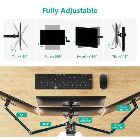 Kick Up Your Desk Game With This Stacked Quad Monitor Mount For 13 To 27 Inch Led Lcd Screens Holding 22 Pounds Per Arm And Keeping Things Clean A Real Space Saving Flex Right Now: Fully adjustable monitor setup showing tilt and swivel features.