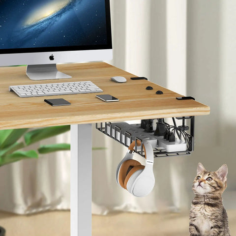 Under Desk Cable Management Tray No Drill Easy Install Steel Wire Organizer installed with cords under a wooden desk near a computer