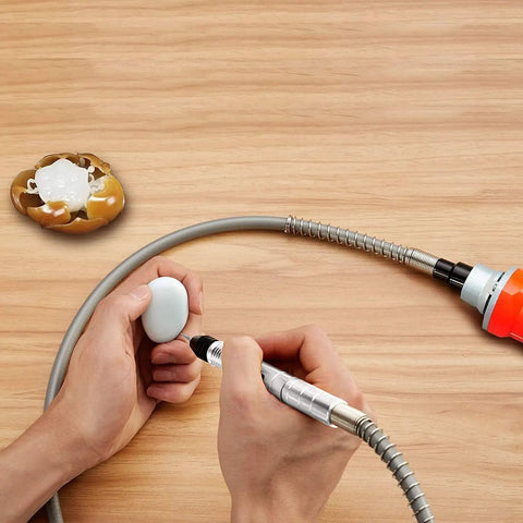 Heavy Duty Flex Shaft Extension For Bench Grinder And Drill Press Quick Swap Rotary Tool Bit Adapter With Reinforced Iron Wire Core in use with a rotary tool.