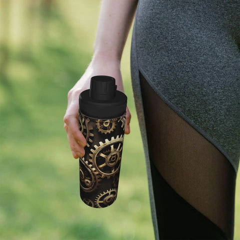 Person holding Steampunk Gears Print Insulated Water Bottle For Gym And Outdoor Adventures Double Wall Stainless Steel Hydration Bottle