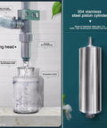 Heavy Duty Horizontal Liquid And Paste Filling Machine With Dual Pneumatic Heads, Adjustable Stainless Steel Bottle Filler For Food And Chemical Jobs, Pro Grade Copper Motor, Built Tough For Any Garage Or Workshop Build - Filling head dispensing liquid into glass jar.