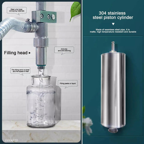 Heavy Duty Horizontal Liquid And Paste Filling Machine With Dual Pneumatic Heads, Adjustable Stainless Steel Bottle Filler For Food And Chemical Jobs, Pro Grade Copper Motor, Built Tough For Any Garage Or Workshop Build - Filling head dispensing liquid into glass jar.