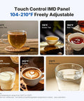 Temperature adjustment panel for 1800W Commercial Hot Water Boiler Countertop Dispenser with drinks at various temperatures.
