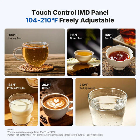 Temperature adjustment panel for 1800W Commercial Hot Water Boiler Countertop Dispenser with drinks at various temperatures.