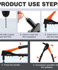 Instructions for using the 4 In 1 Hand Riveter Kit With 200 Rivets For Metalwork, Heavy Duty Rivet Gun, showing drilling and riveting steps.