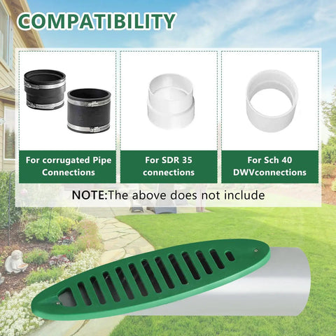 Green 4 Inch Angled Yard Drainage Grate Emitter For Yard Drainage Systems Downspout Extensions And Lawn Slope Drainage Pipe Emitter For Ditch Gutter Downspout Extension Compatible Drainage Part For Lawns And Ditches displaying compatibility options.