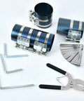 Worldity 8-piece piston ring compressor kit with blue metal cylinders, pliers, hex keys and stainless feeler gauge.