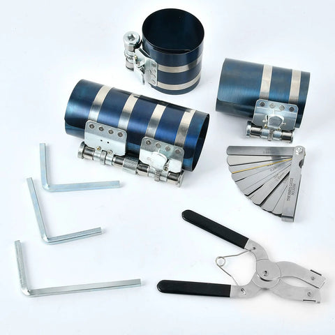 Worldity 8-piece piston ring compressor kit with blue metal cylinders, pliers, hex keys and stainless feeler gauge.
