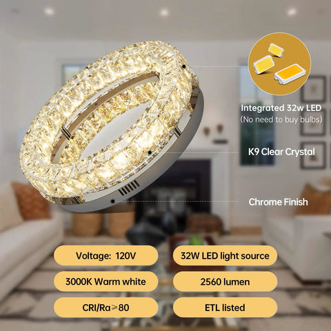 Crystal Chandelier LED Ceiling Light 16 Inch Flush Mount For Hallways, Bedrooms, Kitchen And Closets, Dimmable Warm White 3000K