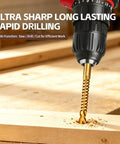Close-up of Eight Pack Titanium Coated HSS Twist Drill Bits Metric Set 3 To 10MM drilling through wood with smooth cuts.