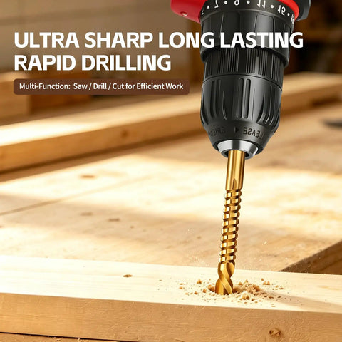 Close-up of Eight Pack Titanium Coated HSS Twist Drill Bits Metric Set 3 To 10MM drilling through wood with smooth cuts.