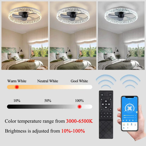 19.7 Inch Ceiling Fan With Lights Remote Control Dimmable LED Light 6 Speeds Reversible Blades Low Profile White Indoors