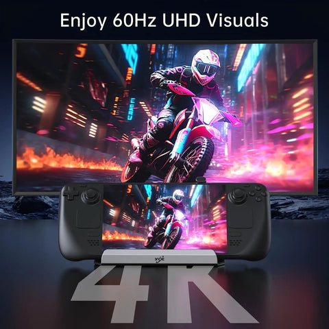 12 In 1 Dual Cooling Fan Docking Station For Steam Deck Rog Ally Xbox And Nintendo Switch With Hdmi 4K 60Hz Gigabit Ethernet And Type C Power Delivery Keeps Your Gaming Rig Running Smooth Like A Champ With Zero Heat Drama All Day on display with vibrant visuals and a handheld console.