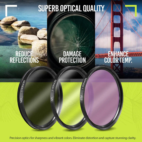 Deluxe Lens Kit For Rebel DSLRs Packed With 58mm Filter Set UV, CPL, FLD displayed with nature and urban scene examples