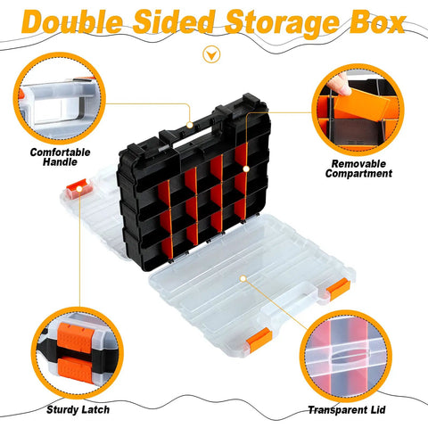 3 Pack Double Sided Toolbox Organizer With 34 Removable Compartments Handy Hardware Storage Case showing open compartments