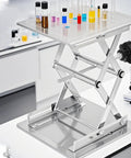 2 Pack 8 Inch Lab Jack Scissor Stand Made From Stainless Steel shows expandable height range with lab equipment on platform