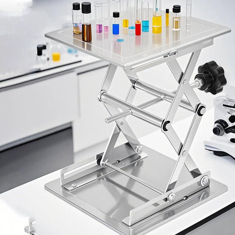 2 Pack 8 Inch Lab Jack Scissor Stand Made From Stainless Steel shows expandable height range with lab equipment on platform