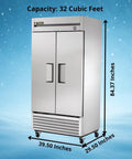 No Nonsense 40 Inch Reach In Freezer With 35 Cubic Feet Upright Cold Storage Tough Stainless Steel Cabinet showing dimensions.