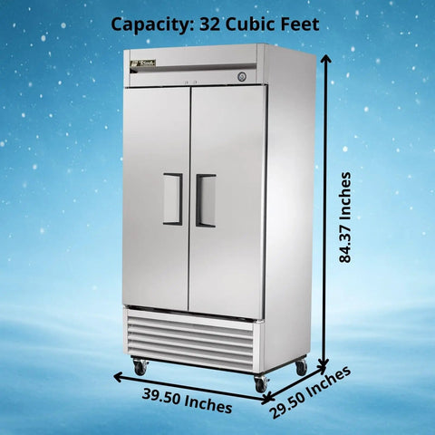 No Nonsense 40 Inch Reach In Freezer With 35 Cubic Feet Upright Cold Storage Tough Stainless Steel Cabinet showing dimensions.