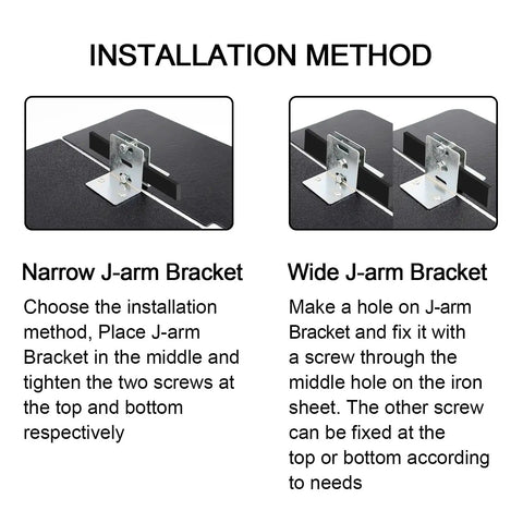 Installation method for Universal Garage Shield Anti Theft Lock For Overhead Doors with narrow and wide J-arm bracket options.