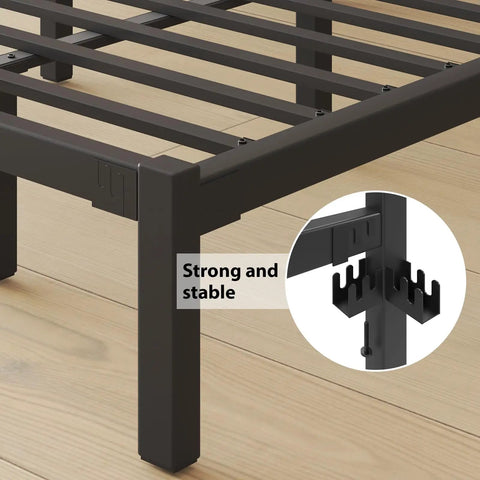 Close-up of Rock Solid Queen Size Metal Bed Frame With Integrated Headboard And Reinforced Steel Slats showcasing strong steel slats.