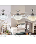 Dope Modern K9 Crystal Ceiling Fan With Lights And Remote in cool, neutral, warm white LED, retractable blades, living room fixture display