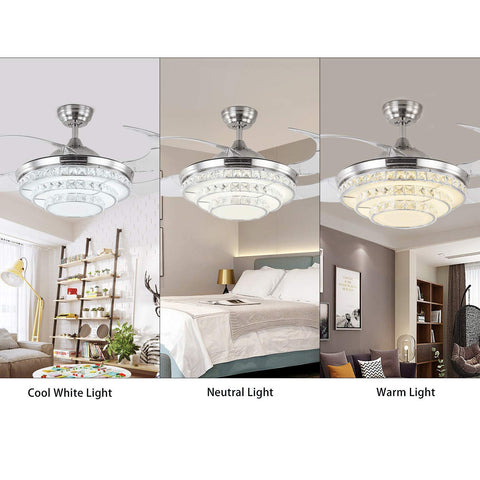 Dope Modern K9 Crystal Ceiling Fan With Lights And Remote in cool, neutral, warm white LED, retractable blades, living room fixture display