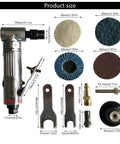 Pro Grade Pneumatic Angled Grinder Kit With Rubber Sanding Discs And 80 Grit Pads Featuring Heavy Duty Steel Build and components laid out for size reference.