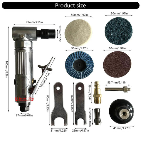 Pro Grade Pneumatic Angled Grinder Kit With Rubber Sanding Discs And 80 Grit Pads Featuring Heavy Duty Steel Build and components laid out for size reference.