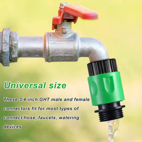 Sixteen Piece Garden Hose Quick Connectors Kit With Three Quarter Inch Plastic Water Hose Fittings attached to faucet