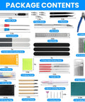 Package contents of 82 Piece Pro Model Tool Kit for Plastic Model Kits and Figure Builds All In One Hobby Set for Adults Cars Robots Planes