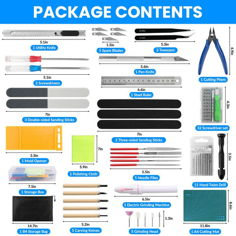 Package contents of 82 Piece Pro Model Tool Kit for Plastic Model Kits and Figure Builds All In One Hobby Set for Adults Cars Robots Planes