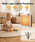 1500W Smart Space Heater With Thermostat, Remote Control And Timer, Safety Lock, Fast Heat For Home Workshop Or Garage, Heats Up To 300 Sq Ft With Convection And Radiant Hot Air, shown in a living room with child playing nearby showcasing safety features.