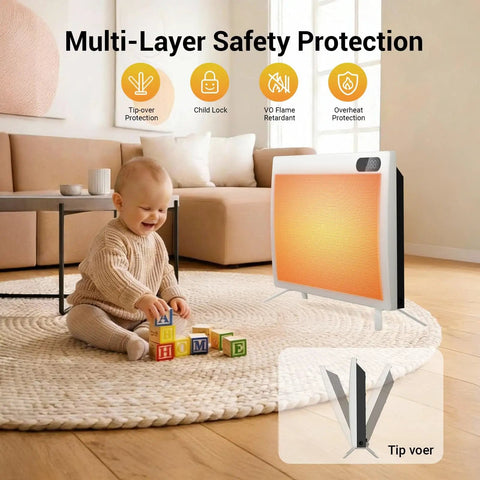 1500W Smart Space Heater With Thermostat, Remote Control And Timer, Safety Lock, Fast Heat For Home Workshop Or Garage, Heats Up To 300 Sq Ft With Convection And Radiant Hot Air, shown in a living room with child playing nearby showcasing safety features.