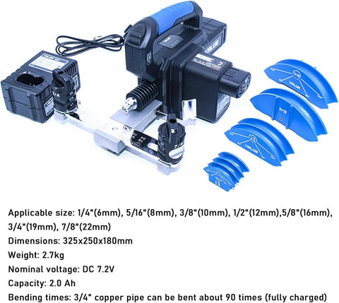 UILMLIO Copper Tubing Bender Electric Pipe Bending Machine For 90 Degree Soft Copper Tube Forming Tool, includes bending attachments.
