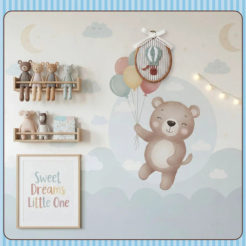 Vintage Hot Air Balloon Wall Art For Nursery And Kids Rooms hanging on wall with teddy bear and colorful balloons, felt centerpiece displayed.