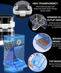 Slick No Mess Blue Clear Acrylic Bird Feeder And Water Dispenser Set With Six Automatic Gravity Feeders For Backyard Flocks with water outlet and separation design.